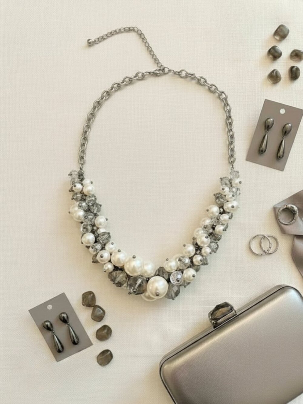 Chunky Silver Tone Bib Style Pearl Crystal Statement Necklace